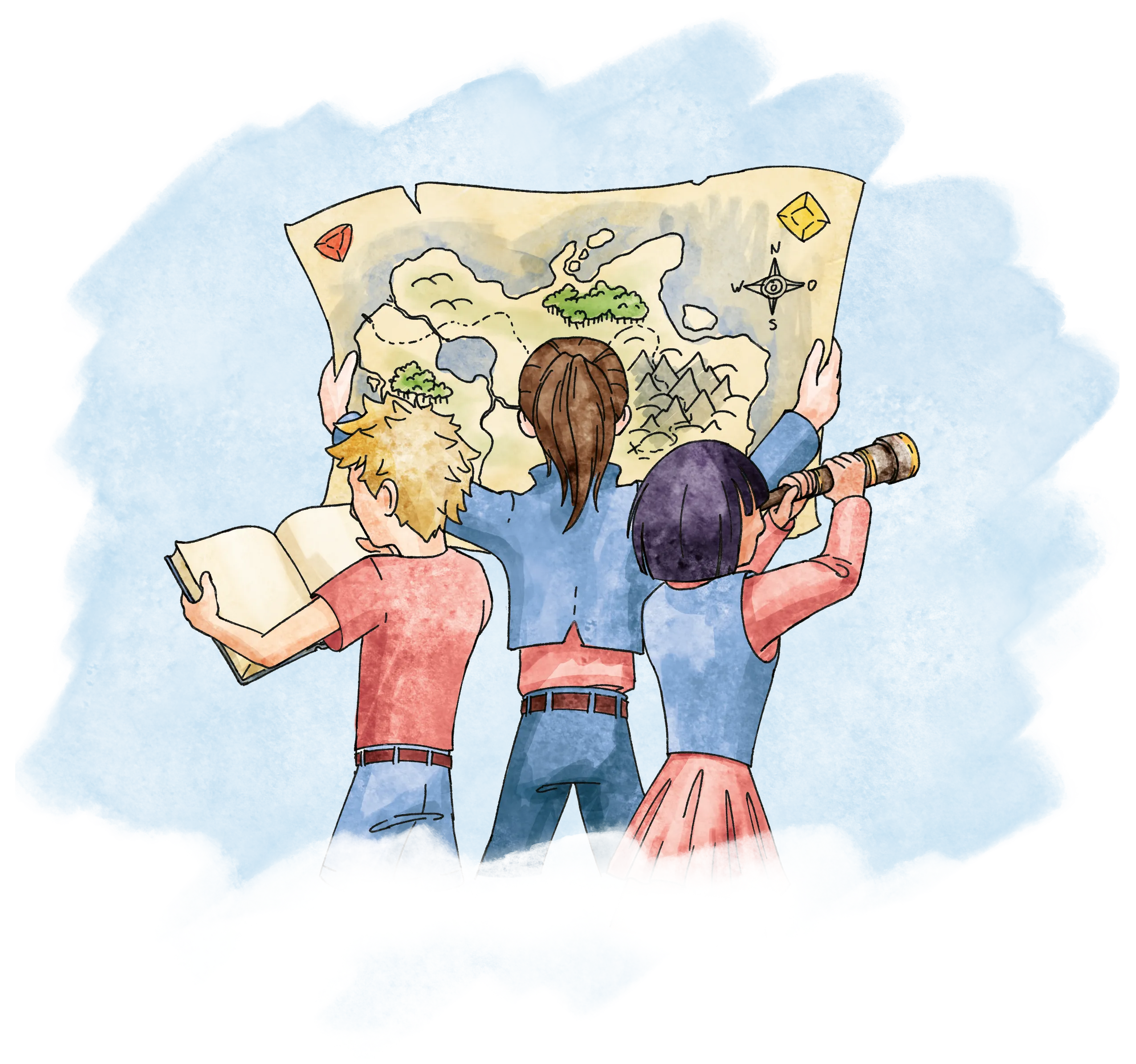 Zwei Lernende halten eine Fantasy-Lernlandkarte hoch