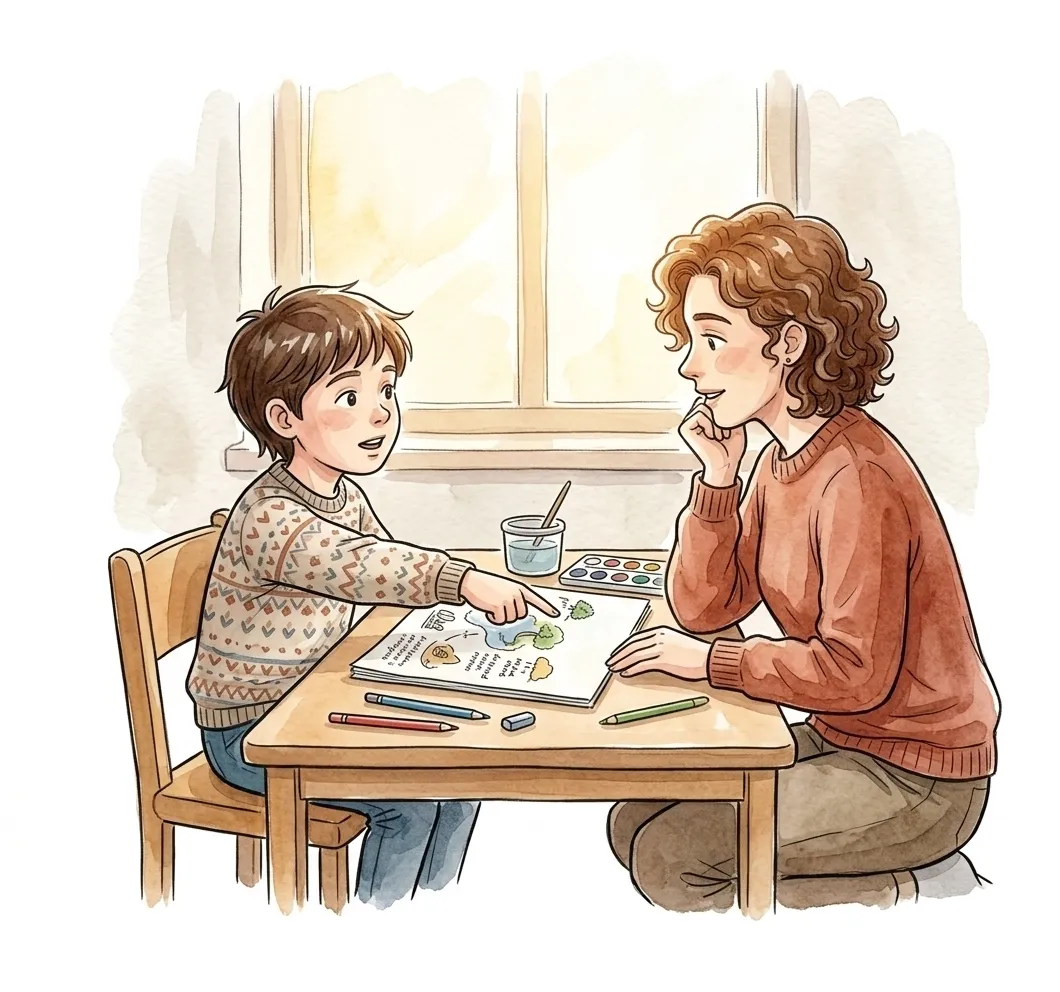 Lehrperson bespricht gemeinsam den Lernfortschritt