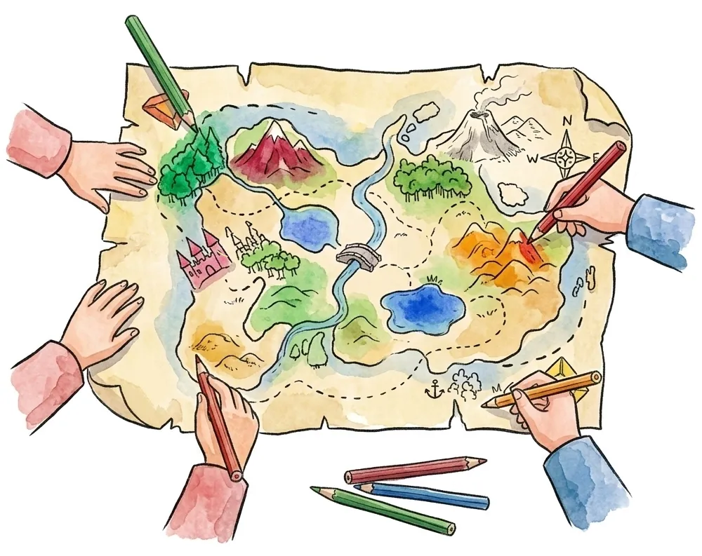 Lehrpersonen arbeiten gemeinsam an einer Lernlandkarte