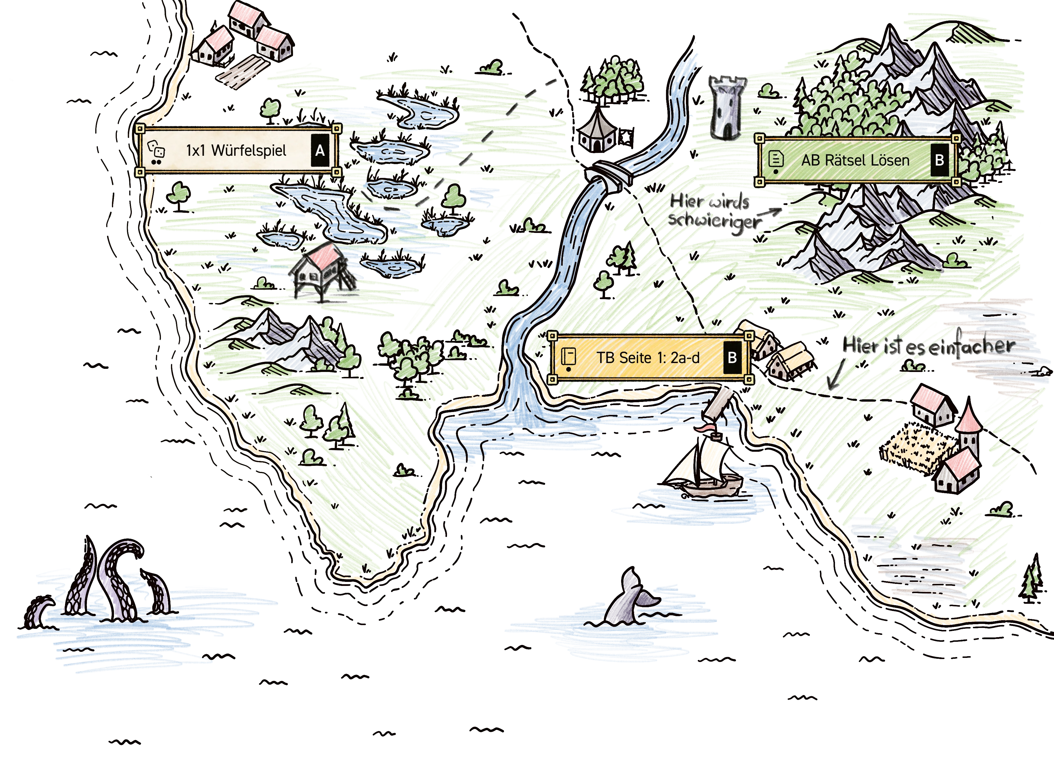 Fantasy-Lernlandkarte mit Aufgaben