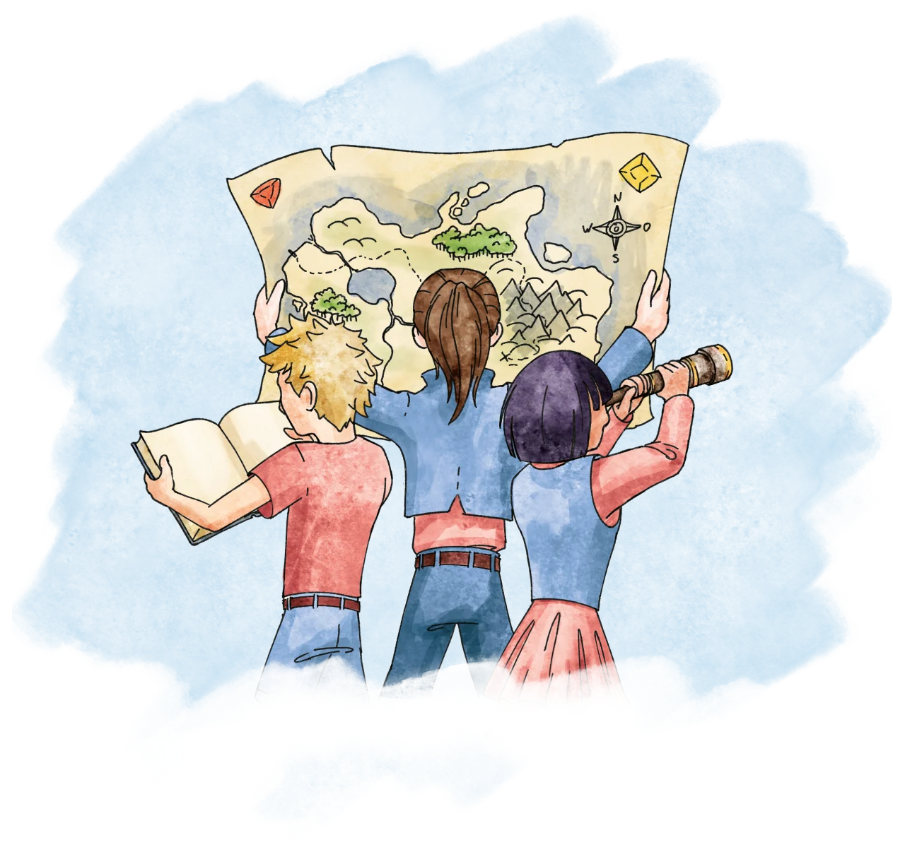 Drei Lernende erkunden gemeinsam eine Lernlandkarte